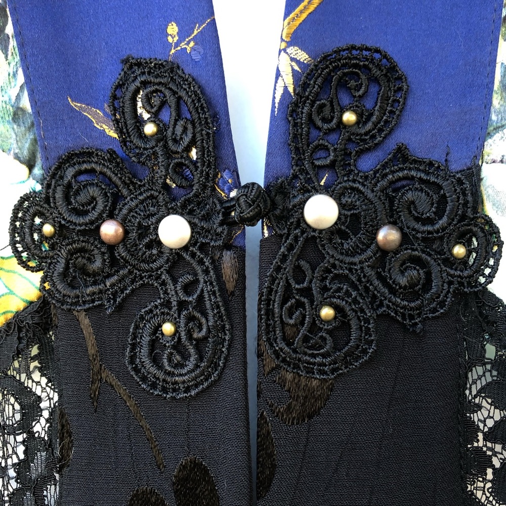 👘 NWT Vintage Spencer Alexis Asian Inspired Silk Lace Black Blue Kimono Jacket - Picture 3 of 16